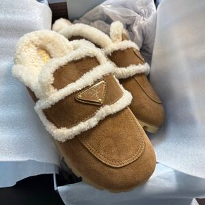 Prada Brown and Cream Shearling Slippers